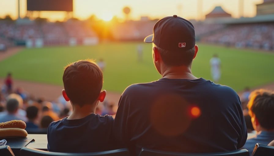 Father and adult child at baseball game. Watching sunset field. Quality time together. Memory gift.