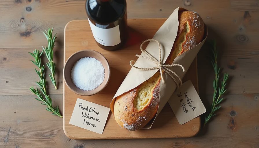 Bread salt and wine housewarming gift set on wooden table. Rustic welcome home tradition. Thoughtful gift.