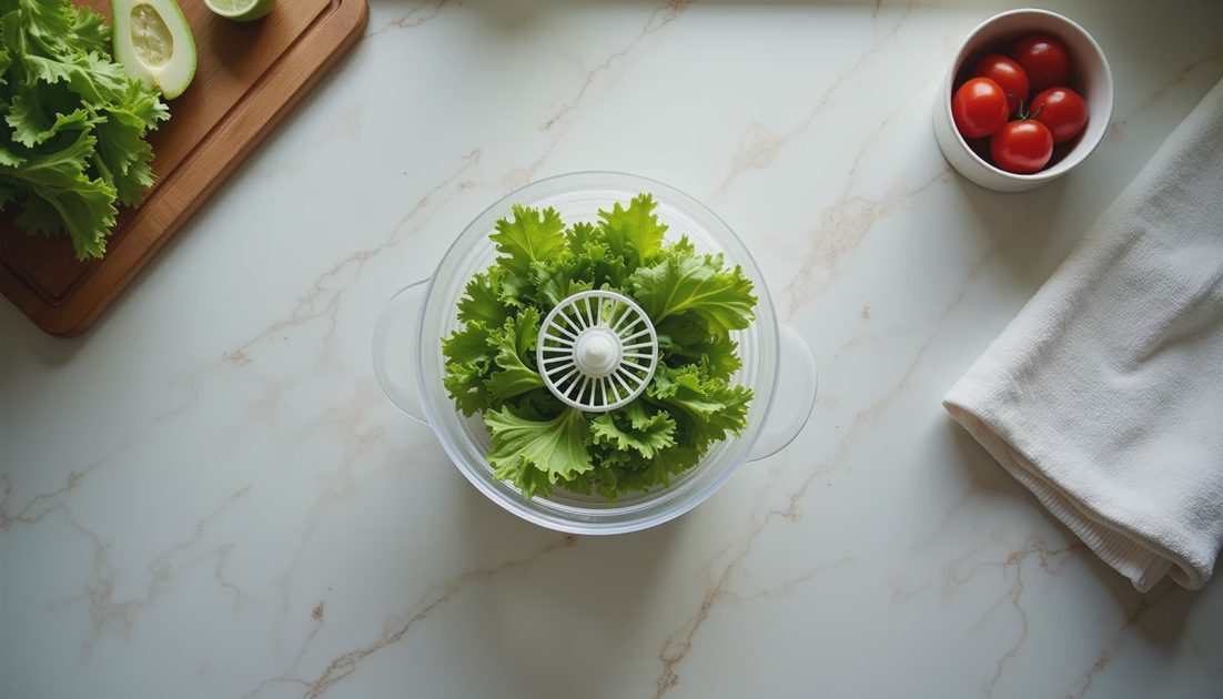 Option One: The Salad Spinner — Boring, Practical, and Exactly What They Wanted Salad spinner on kitchen counter with fresh lettuce. Practical wedding registry gift under 30 dollars.