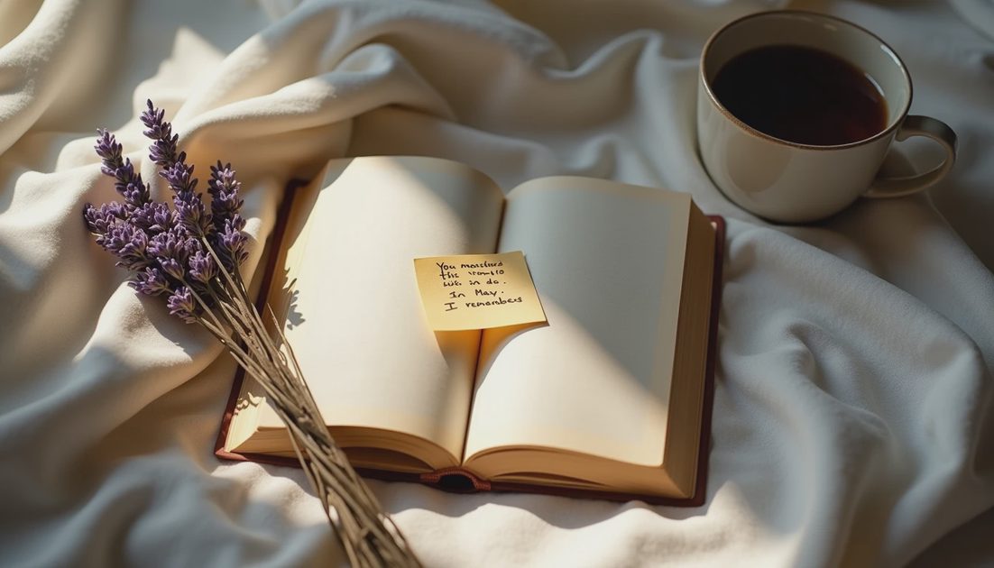 Option One: The Book She Mentioned — Proof You Were Paying Attention Open book on bed with sticky note. Handwritten message. Thoughtful under 30 dollar gift. No gifts.