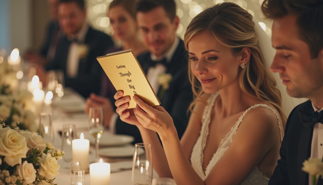 The Divorce Book Wedding Gift — Exhibit A in "Joke That Isn't a Joke" Bride at wedding reception holding divorce book. Unwrapping awkward gift. Forced smile. Guests stare at floor.