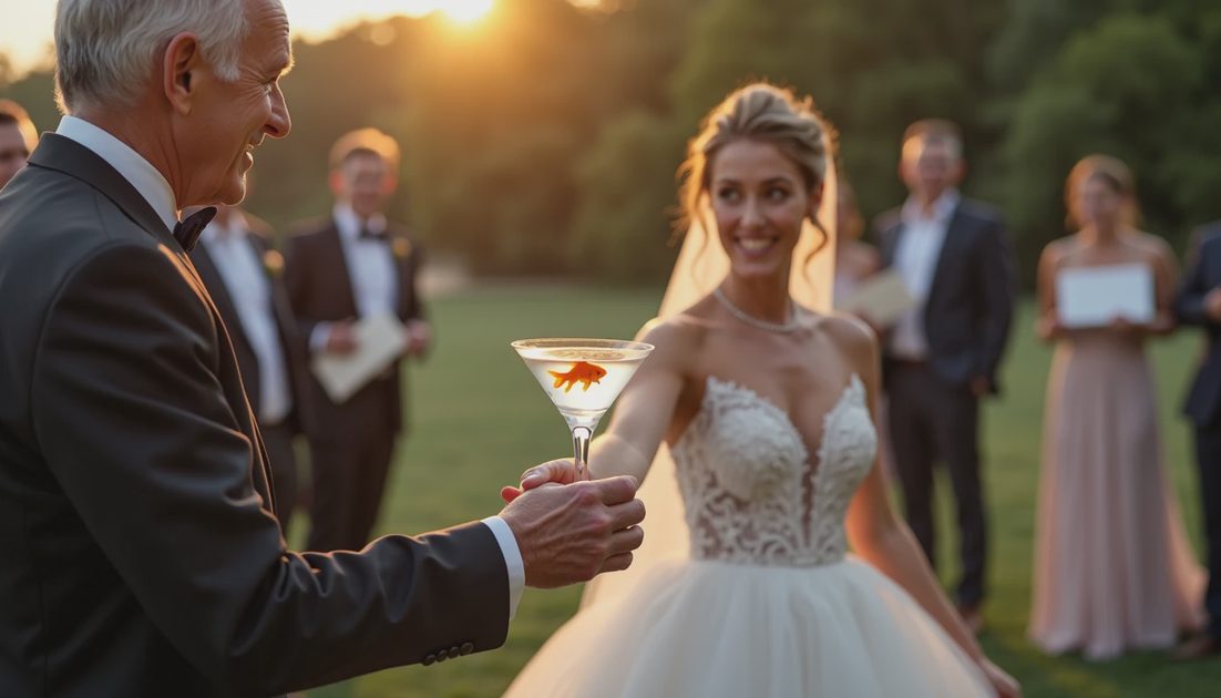 The Wedding Goldfish — Exhibit A in Novelty Over Connection Bride receiving goldfish in martini glass at wedding. Live animal gift. Wedding fail. Confused couple.