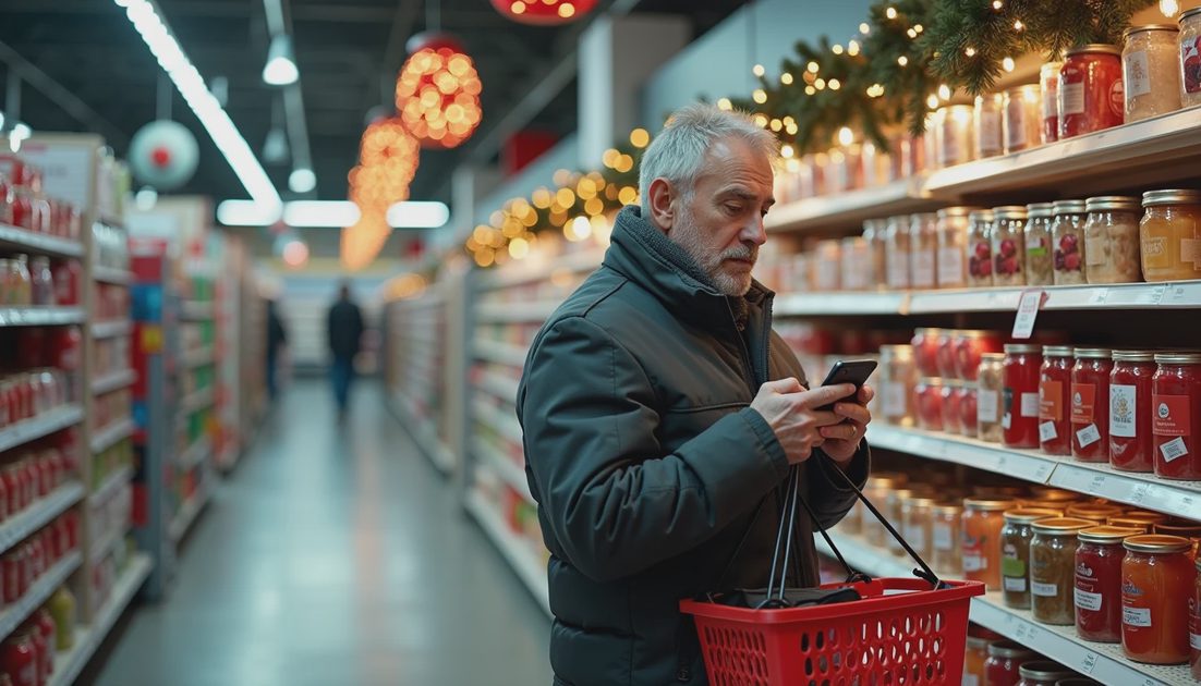 The December 24th Man — Exhibit A in Panic-Shopping Man in winter coat panic-shopping. Holding basket and phone. December 24th 6 PM. Candle aisle.