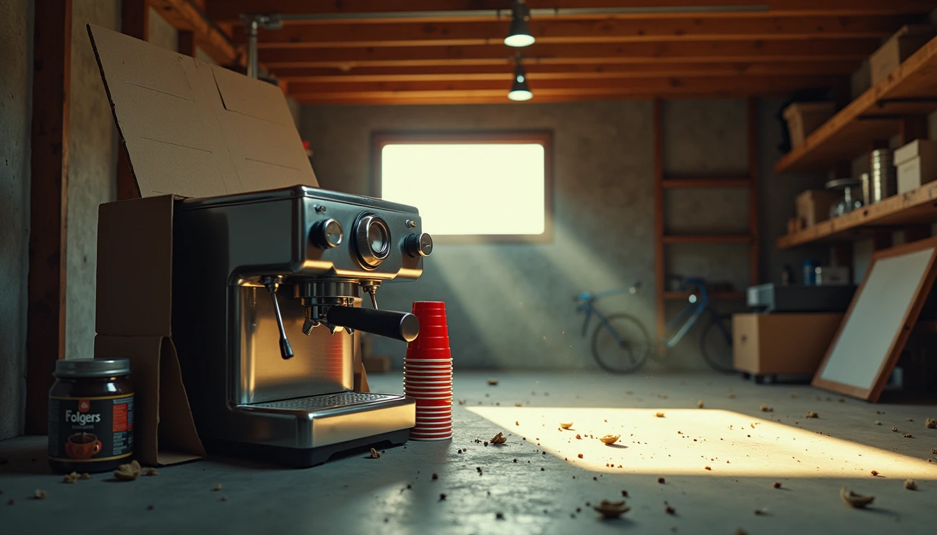 The $300 Garage Ornament — Exhibit A in Aspirational Gifting Espresso machine in garage. Unboxed unplugged unwanted. Gift fail. Folgers cups nearby.