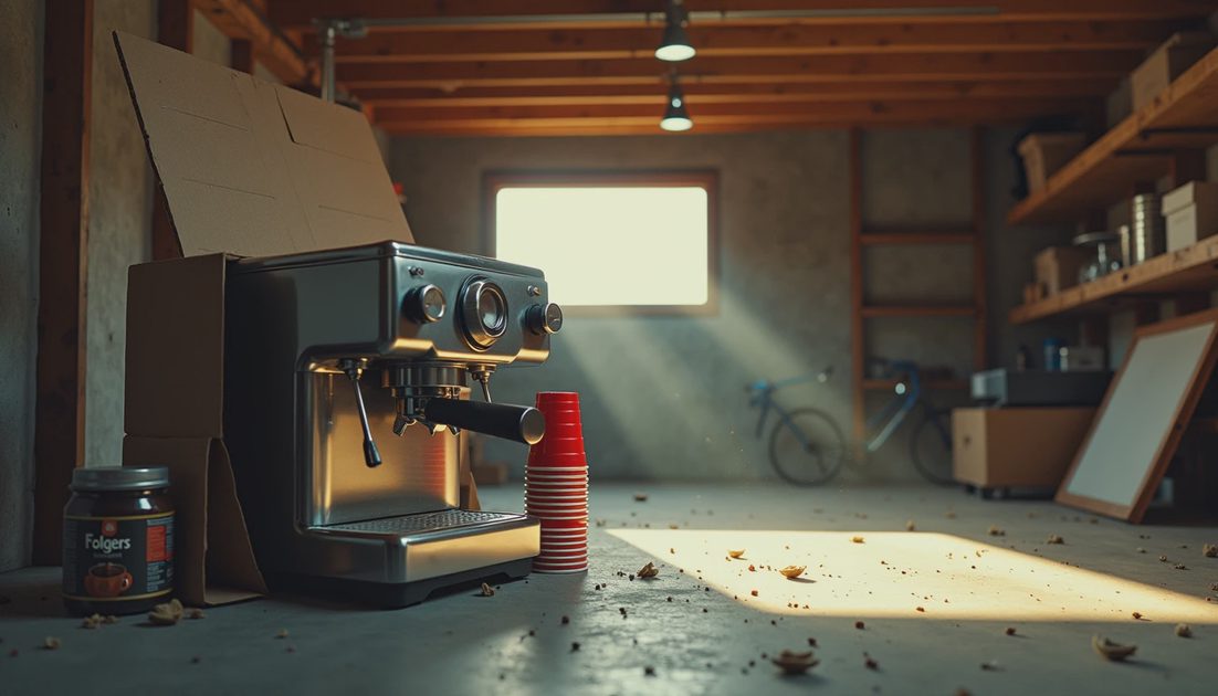 Espresso machine in garage. Unboxed unplugged unwanted. Gift fail. Folgers cups nearby.