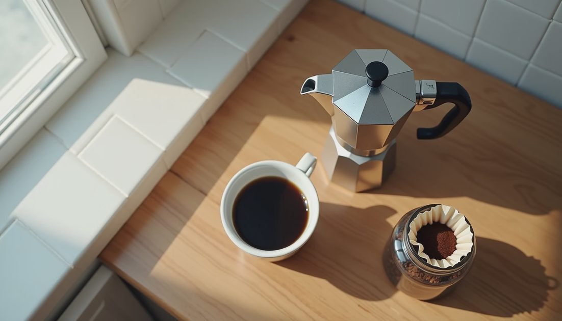 Option One: The Moka Pot — Better Than a Garage Ornament Moka pot on wooden kitchen counter. Fresh brewed coffee in mug. Simple coffee ritual under 40 dollars.