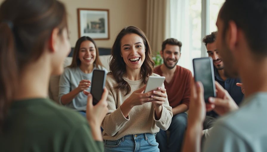 Group of friends recording video tribute. Holding smartphones. Family and friends sharing memories. Gift.
