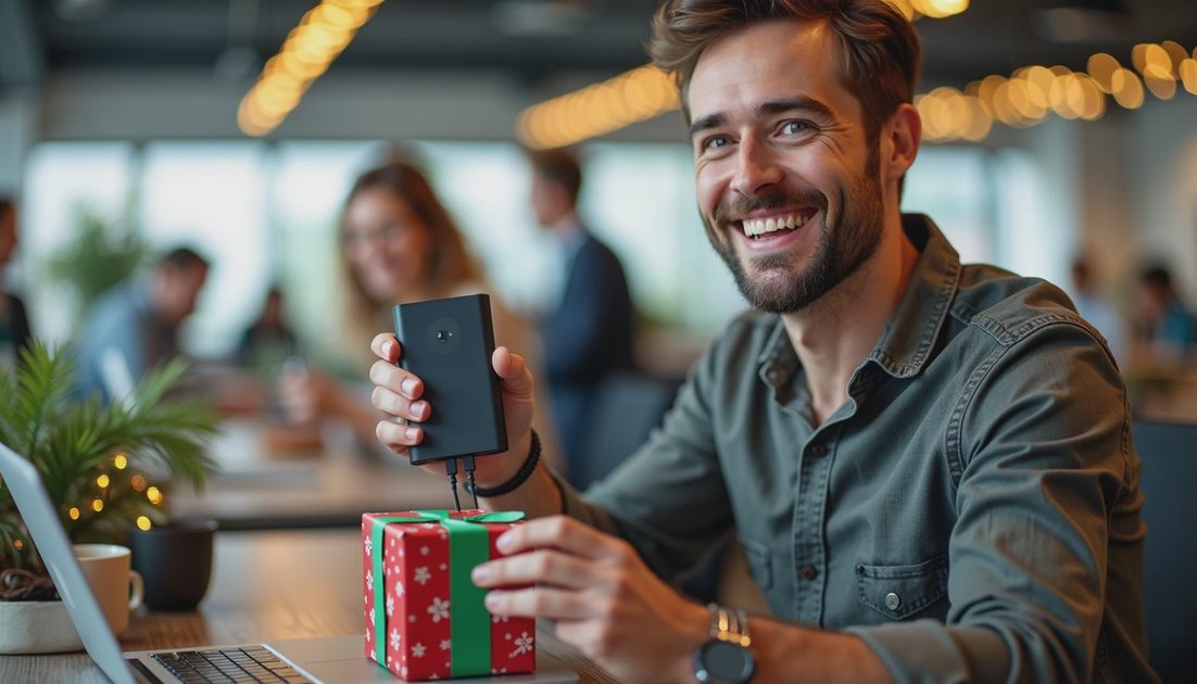 The Right Office Gift — Grateful Recipient, Not a Garage Ornament Office worker unwrapping gift at desk. Holding power bank. Colleague gift exchange. Workday upgrade.