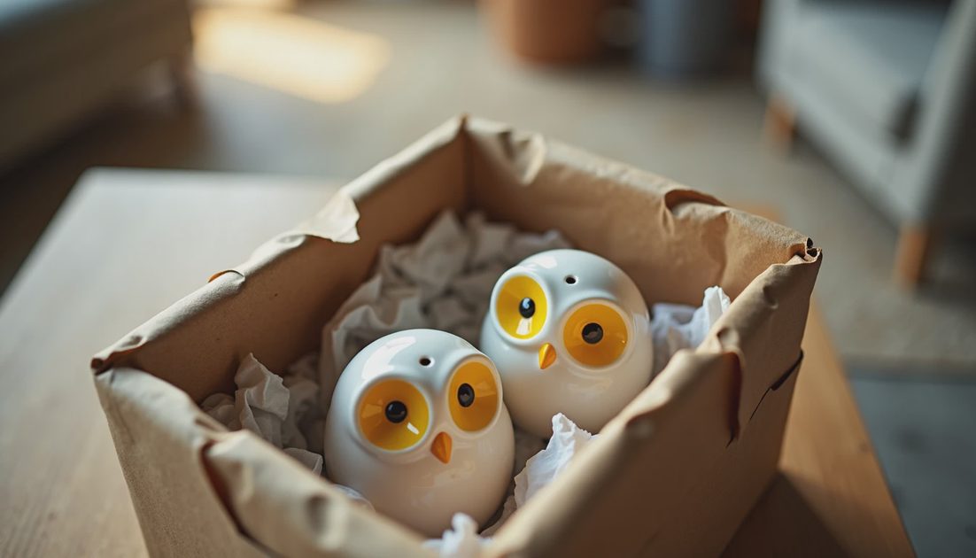 Ceramic owl salt shakers with yellow eyes. Bad gift fail. Unboxing wedding present. Afraid of birds.