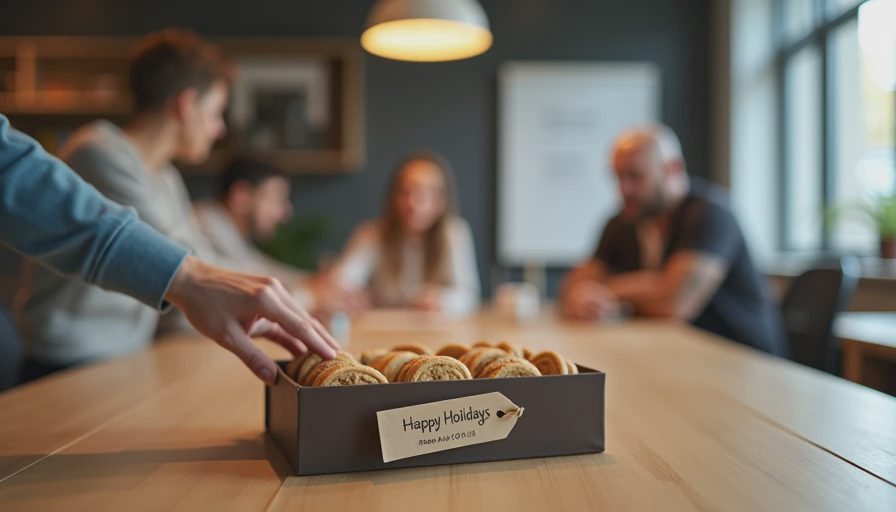 The Safest Boss Gift — Cookies for Everyone to Share Open cookie gift box on office breakroom table. Colleagues reaching in. Shared team appreciation gift.