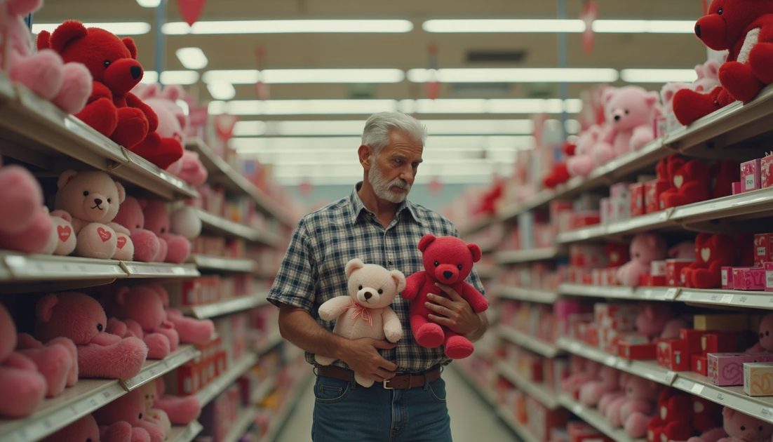 Aisle of Indecision — The Moment This Blog Was Born Man in Valentine's aisle holding plush bear. Stressed gift buyer. 47-minute indecision. Hallmark retail panic.