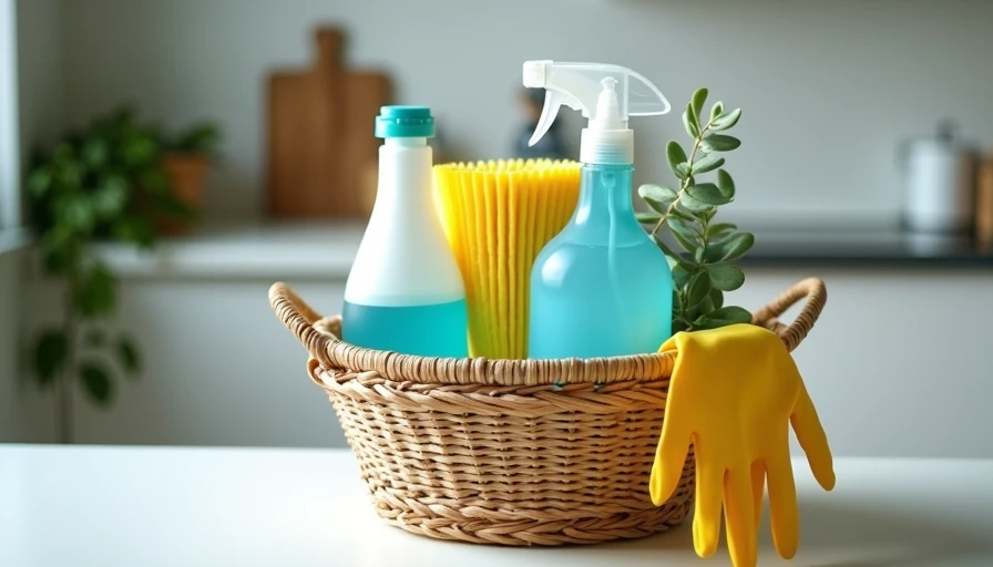 Cleaning basket with sponges and cleaner on kitchen counter. First apartment essentials gift. Practical housewarming.