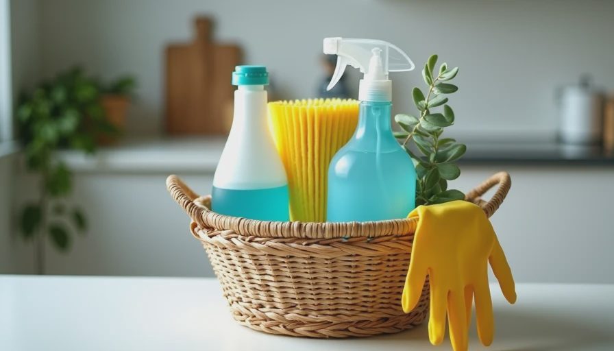 The Cleaning Basket — Unsung Hero of First Apartment Gifts Cleaning basket with sponges and cleaner on kitchen counter. First apartment essentials gift. Practical housewarming.